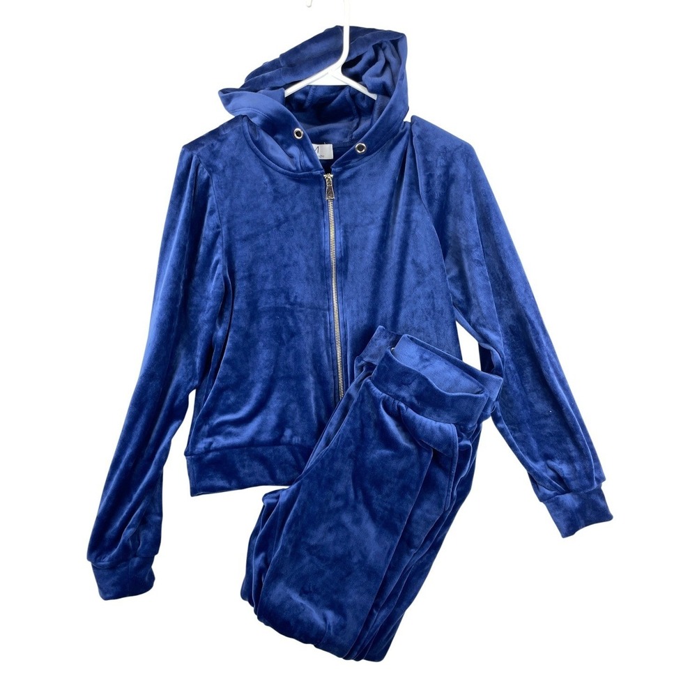 Magaschoni Velour Tracksuit Set Womens S Blue Full Zip Hoodie Pants Y2K